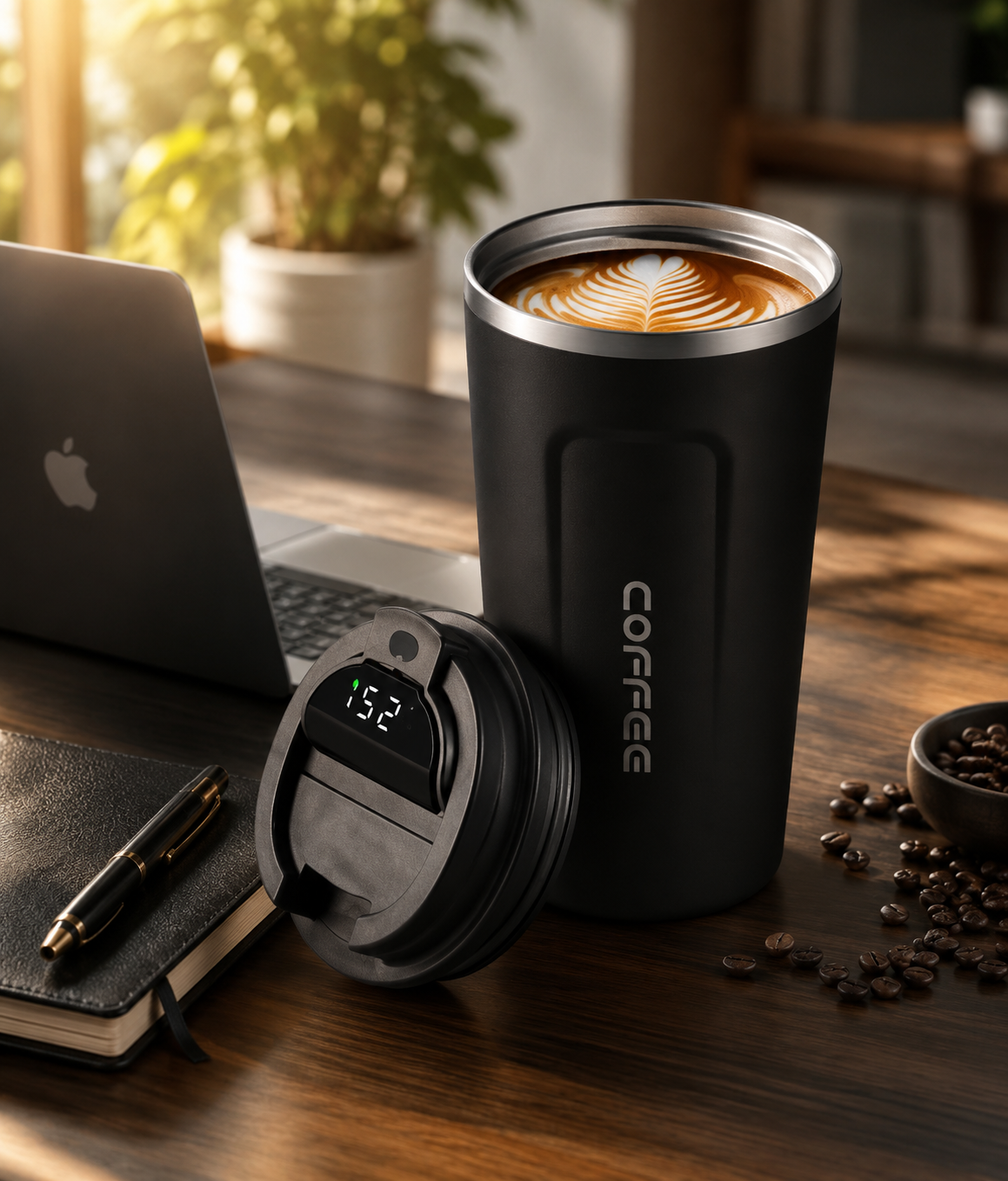 SmartCup en escritorio moderno con laptop y café